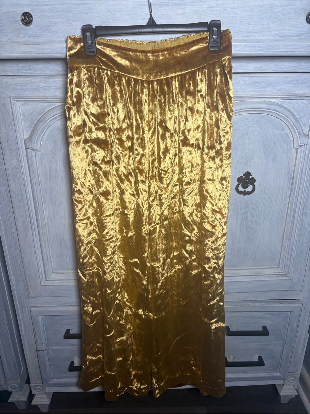 Anthropologie Maeve Gold Crushed Velvet Wide Leg Pants Boho Chic Preppy Festive - Picture 3 of 8